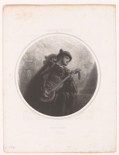 Man med banjo sjunger och spelar en serenad Serenade Espagnole (titel på objekt) Illustrationer till låtarna av Jeanne Gavarni (serietitel) Illustrations des Mélodies de Madame Jeanne Gavarni (serietitel) av Paul Gavarni
