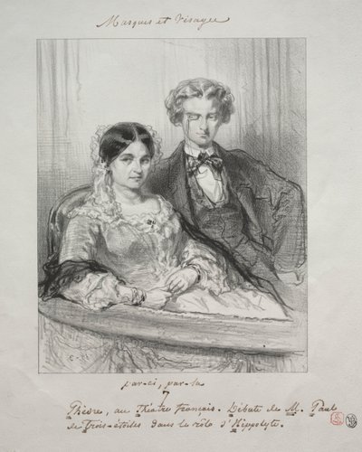 Masker och ansikten: Paric, par-la: Phèdre at the Théâtre-Francais..., 1857-1858. av Paul Gavarni