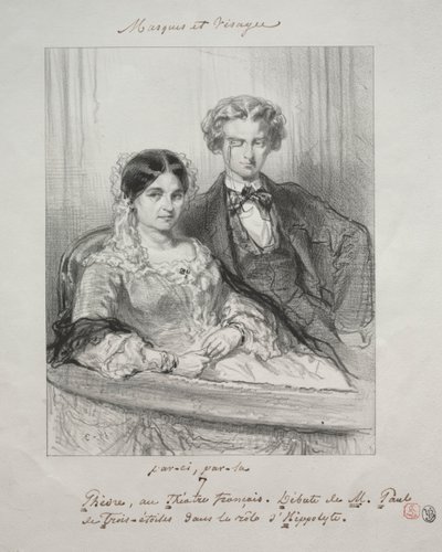 Masker och ansikten: Paric, par-la: Phèdre på Théâtre-Francais Debut av M. Paul de Trois-Etoiles i rollen som Hippolyte av Paul Gavarni