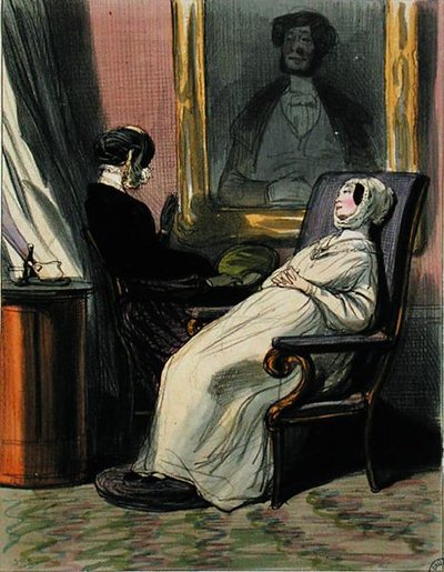 Gravid kvinna med sin mamma (färg litho) av Paul Gavarni