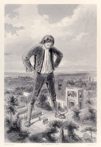 Den Lilliputiska armén marscherar mellan benen på Gulliver, från den franska upplagan av Gullivers Travels av Jonathan Swift av Paul Gavarni