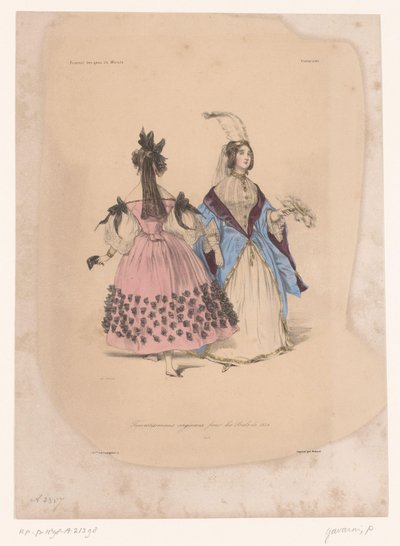 Två kvinnor i balklänningar Transvestissemens originaux pour les Bals de 1834 (titel på objekt) Fantasifulla kläder (serietitel) Fantaisies (serietitel på objekt) av Paul Gavarni
