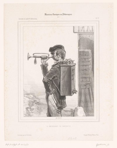 Säljare av kranar spelar trumpet Le marchand de robinets (titel på objekt) Komedimusiker (serietitel) Musiciens Comiques ou Pittoresques (serietitel på objekt) av Paul Gavarni