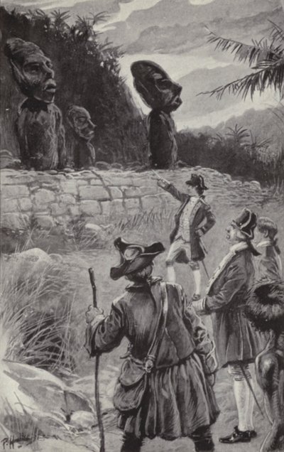 Undersöker statyerna på Påskön (litho) av Paul Hardy