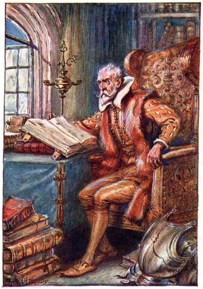 Han fördrev sin tid med att läsa böcker om riddarer, illustration från "The Adventures of Don Quixote", utgiven av G. Bell und Sons, Ltd., 1911. av Paul Hardy