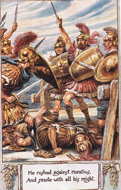 Han rusade mot Horatius och slog honom med all sin kraft, illustration från "The Lays of Ancient Rome", av Thomas Babington Macaulay av Paul Hardy