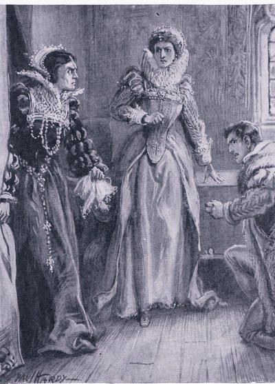 Drottning Mary Elizabeth och Courtenay Jag kommer att svara på den frågan ropade Mary som kastade åt sidan Arras, illustration från The Worlds Library of Best Books, ca 1940 av Paul Hardy