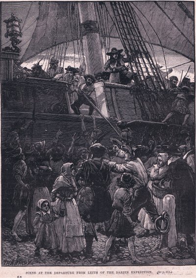 Scen för avgången från Leith av Darien-expeditionen AD 1698 (litho) av Paul Hardy