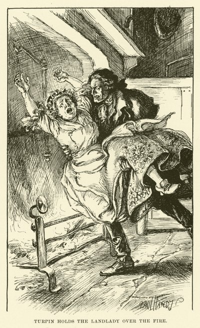Turpin håller värdinnan över elden (gravyr) av Paul Hardy