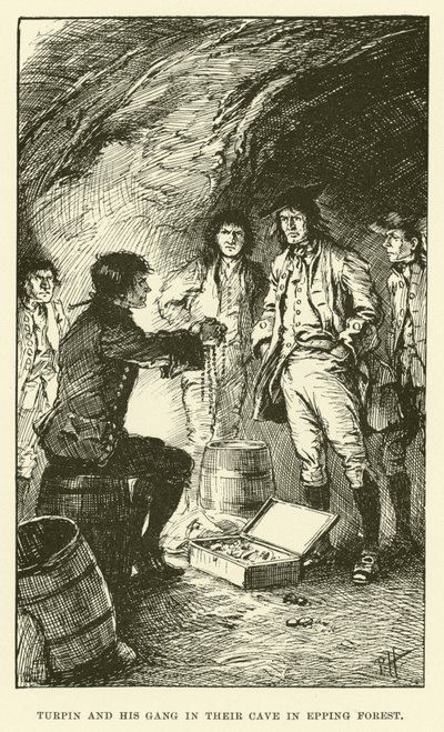 Turpin och hans gäng i deras grotta i Epping Forest (gravyr) av Paul Hardy