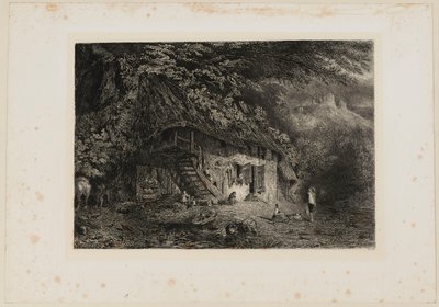 Normandisk halmtakshus med ruinerna av slottet i Arcques. Beraldi 79 IFF 31 av Paul Huet