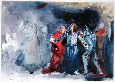 The Ghost of the King Appearing to Hamlet, scen från akt I av "Hamlet" av William Shakespeare (1564-1616) (akvarell på papper) av Paul Huet