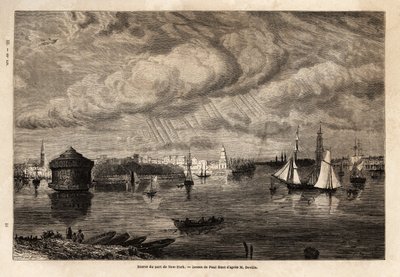 Ingången till New Yorks hamn, teckning av Paul Huet (1803-1869), för att illustrera resorna till Nordamerika 1854-1855, av L. Deville. Gravyr i ”” Le tour du monde”” 1861. Selvas samling. av Paul Huet