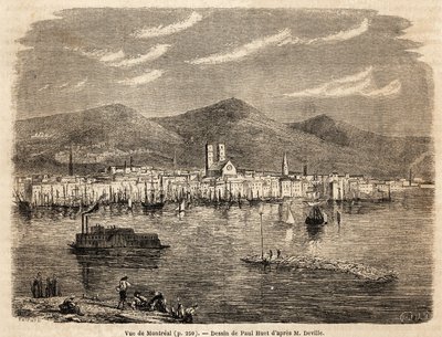Vy över Montreal, teckning av Paul Huet (1803-1869), för att illustrera resorna till Nordamerika 1854-1855, av L. Deville. Gravyr i ”” Le tour du monde”” 1861. Selvas samling. av Paul Huet