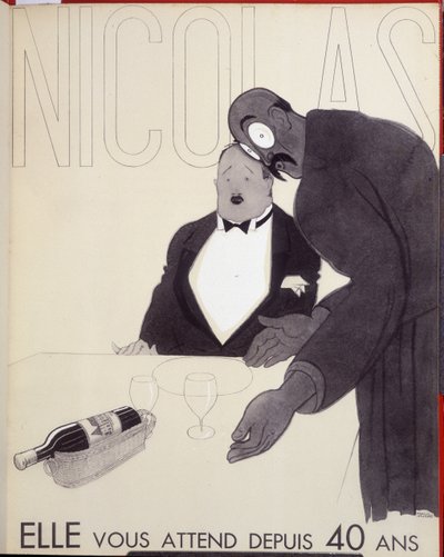 Hon har väntat på dig i 40 år. Servitören på en restaurang tilltalar en kund genom att designa en flaska vin. - reklam för Nicolas, teckning av Paul Iribe (1883-1935) av Paul Iribe