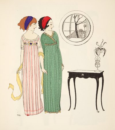 Två empire linje dagsklänningar från Les Robes de Paul Poiret pub. 1908 (stenciltryck) av Paul Iribe