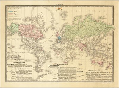 1840 års franska världskarta med de brittiska, franska och ryska imperiernas territorier av Paul Kaeppelin