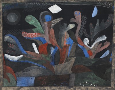 Bild på en trädgård i mörka färger Dunkelbuntes Gartenbild, 1923 av Paul Klee