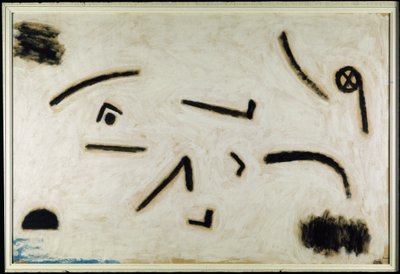 Utan titel (skyltar på svart bakgrund), C.1940 (färg och lim på papper) av Paul Klee