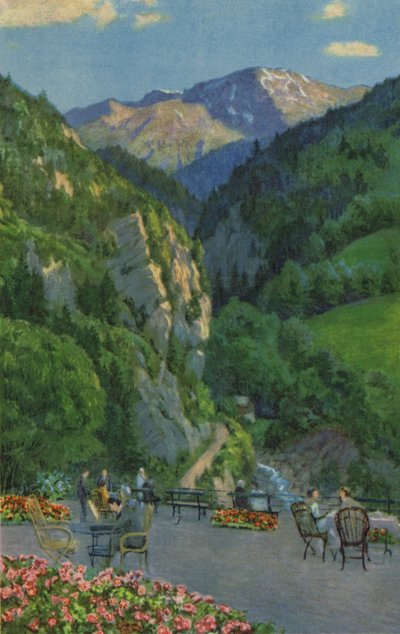Swiss Spa: Passugg, Kurhaus Garden Terrace (färg litho) av Paul Kutscha