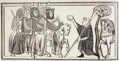 En budbärare anländer med ett meddelande till en kung som är i spetsen för sin armé. Efter en illustration i en Ms från 1200-talet. av Paul Lacroix