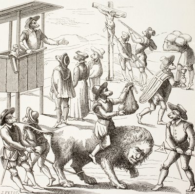 Allegorisk bild av överdrifter som hugenotterna sägs ha gjort sig skyldiga till. Det tama lejonet representerar ett Frankrike som reducerats av kättarna och deras metoder. av Paul Lacroix
