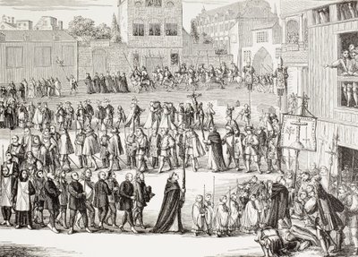 En Auto-Da-Fe, eller troshandling, procession i Spanien. Efter en gravyr från 1400-talet. av Paul Lacroix