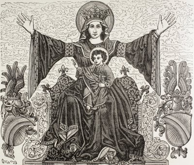 Forntida fana från staden Strasbourg i Frankrike. Den visar bilden av Vår Fru till vilken staden tillägnades på 1200-talet. Bannern förstördes 1870 under en bombning. av Paul Lacroix