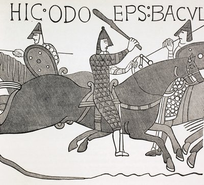 Biskop Edues håller sin ämbetsstafettpinne och uppmuntrar hertigen av Normandies soldater vid slaget vid Hastings. Efter en detalj i Bayeuxtapeten. av Paul Lacroix