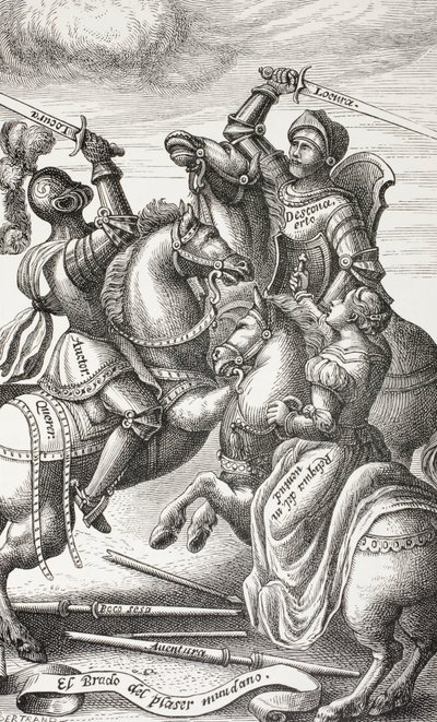 Ridderlighet representerad av allegoriska figurer. Riddare som slåss på hästryggen. Efter ett kopparstick från 1500-talet. av Paul Lacroix