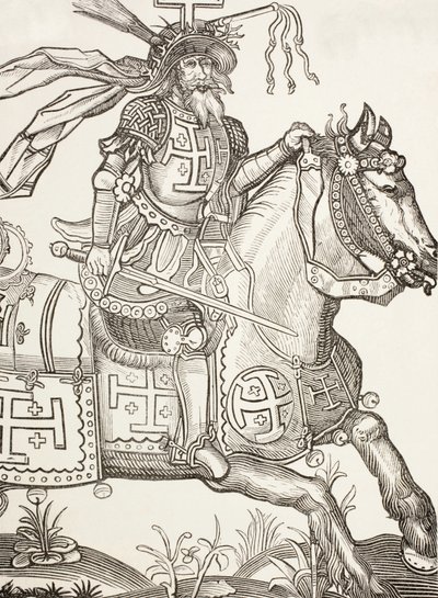 Godfrey av Bouillon, ca 1060 - 1100, medeltida frankisk riddare. En ledare för det första korståget. Här ses han krönt med instrumenten från Kristi lidande. Efter ett träsnitt från 1400-talet. av Paul Lacroix