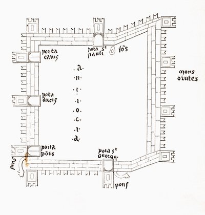 Plan av 13th Century Antioch som visar sina fem portar. Efter en manuskript från 1200-talet. av Paul Lacroix