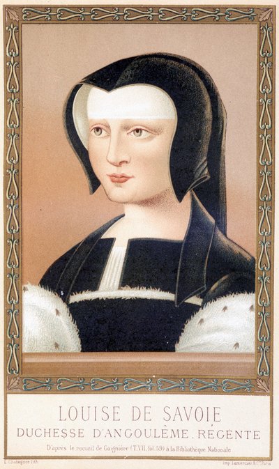 Porträtt av Louise de Savoie (1476-1531), hertiginna av Angouleme och Regente av Frankrike. Kromolitografi från "Louis XII och Anne de Bretagne" av Paul Lacroix, ed. Georges Hurtrel av Paul Lacroix