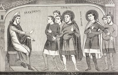 Helgonen Savin och Cyprianus bekänner för prokonsul Galerius Maximus att de är kristna. Efter en fresk från 1000-talet i kyrkan St Savin, Vienne, Frankrike. av Paul Lacroix