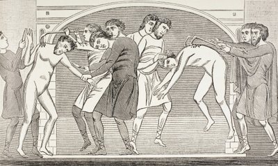 Heliga Savin och Cyprianus när deras kött slits från kroppen av järnkrokar. Efter en fresk från 1000-talet i kyrkan St Savin, Vienne, Frankrike. av Paul Lacroix