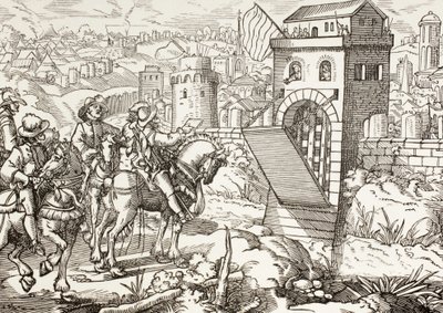 En stads belägring. Den belägrande armén läser upp villkor för att staden ska ge upp och öppna portarna. av Paul Lacroix