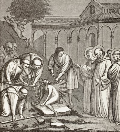 St. Benedict och djävulen. När Benedictus byggde ett kapell satt djävulen på en sten och ingen kunde flytta honom förrän St Benedictus välsignade stenen. Då tog djävulen till flykten. av Paul Lacroix