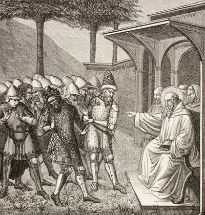 Benedictus av Nursia anklagar Baduila Aka Totila, ostrogoternas kung, för att ha lurat honom och förutspår hans död. av Paul Lacroix