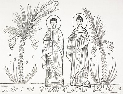 Sankta Cecilia och hennes make Valerianus. Efter en mosaik från 300- eller 400-talet som finns bevarad i S:ta Ceciliakyrkan i Rom. av Paul Lacroix