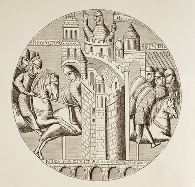 Korsfararnas intagande av Nicaea, Turkiet, år 1097. Efter ett fönster i kyrkan i det nu förstörda klostret St Denis. av Paul Lacroix