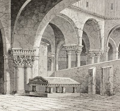 Godfrey De Boullons grav, ca 1060 - 1100, som den såg ut i Heliga gravens kyrka i Jerusalem. Graven är nu förstörd. Efter en teckning gjord på platsen 1828. av Paul Lacroix