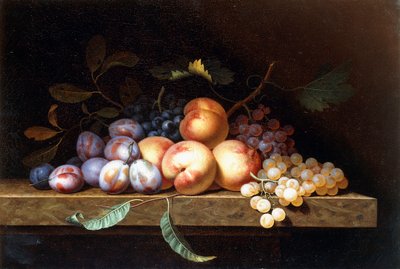 Persikor, plommon och vindruvor på en stenkant, av Paul Liegeois