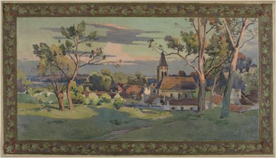 Skiss till stadshuset i Thiais: by med kyrka, ca 1902 (olja på duk) av Paul Léon Felix (attr. to) Schmitt