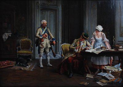 Le Billet de Logement. Olja på pannå, signerad och daterad P Jazet 1879 av Paul Léon Jazet
