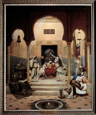 De östliga dansarna (magen) i ett harem som distraherar en pasha. Målning av Paul Bouchard (1853-1937) 1893 Sön. 1,6x1,3 m Paris, musee d