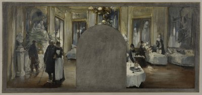 Skiss till prefektens kabinett för Hôtel de Ville de Paris: Théâtre Français ambulans av Paul Louis Delance