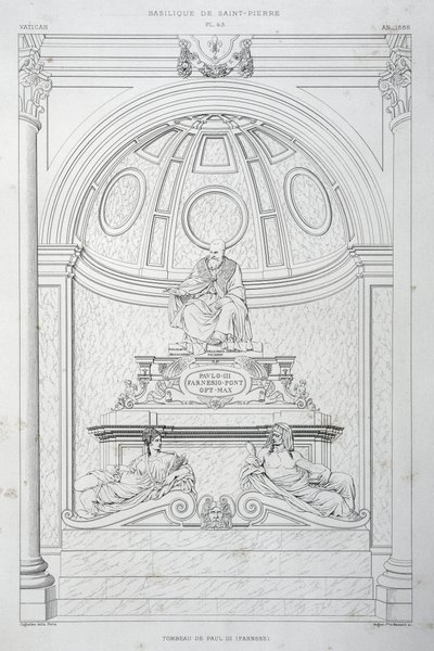 Begravningsmonument över påven Paul III (Farnese), gravyr från Vatikanen och Peterskyrkan av Paul Marie Letarouilly