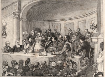 Antislaverikongressen hölls i Paris den 21, 22 och 23 september 1890 i Geography Society i närvaro av Jules Simon, Emile Keller och Monseigneur Lavigerie. Gravyr efter Paul Merwarts teckning i "The Illustrous World" från 1890. av Paul Merwart