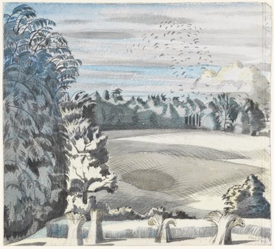 Landskap med rökar, ca 1913-14 (svart krita & akvarell på papper) av Paul Nash
