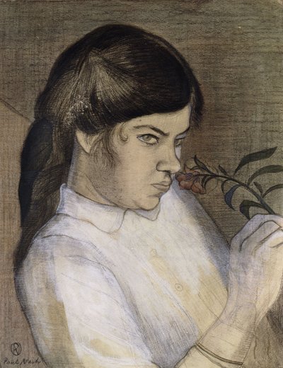 Porträtt av Barbara Nash, konstnärens syster, ca 1911-12 (penna, svart och färgad krita, akvarell och kroppsfärg he) av Paul Nash